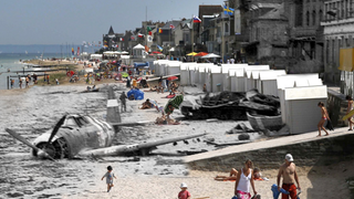 D-Day battle images merged with photos of tourists on the same spots